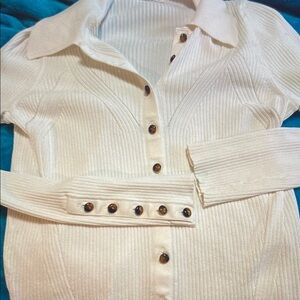 Women's Cream Ribbed Button-Front Polo Shirt